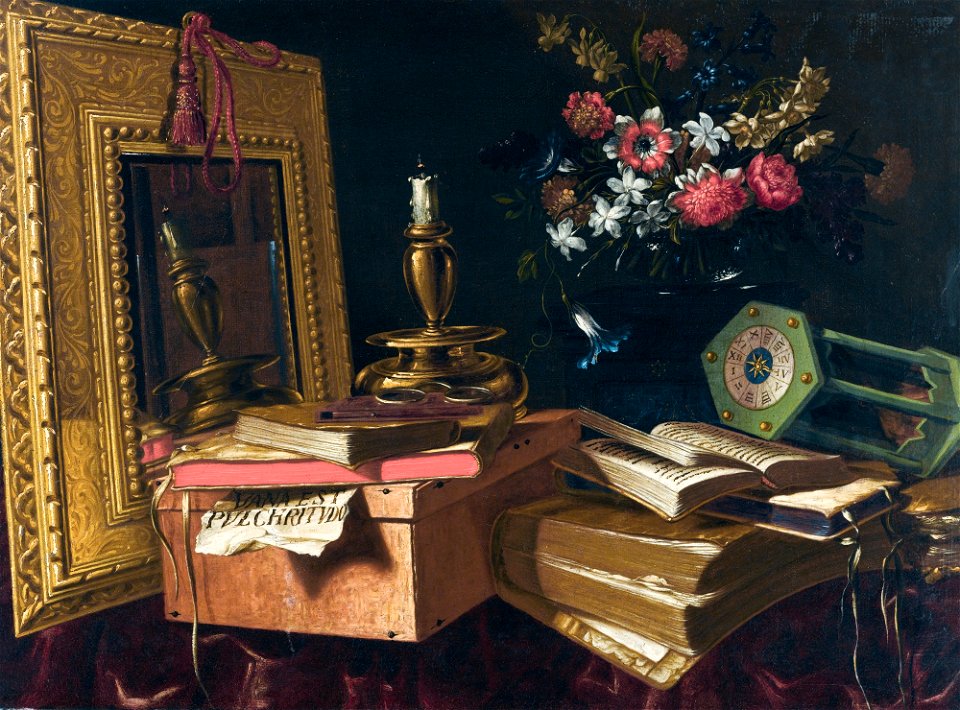 Master of the Vanitas Texts Still Life With a Mirror, a Candle, an Hourglass