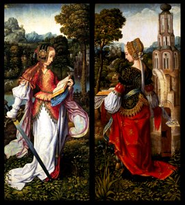 Master of Frankfurt, St Catherine, St Barbara, 1510-1520, oil on panel 158.7 x 70.8 cm (each), Mauritshuis Royal Picture Gallery, The Hague.. Free illustration for personal and commercial use.