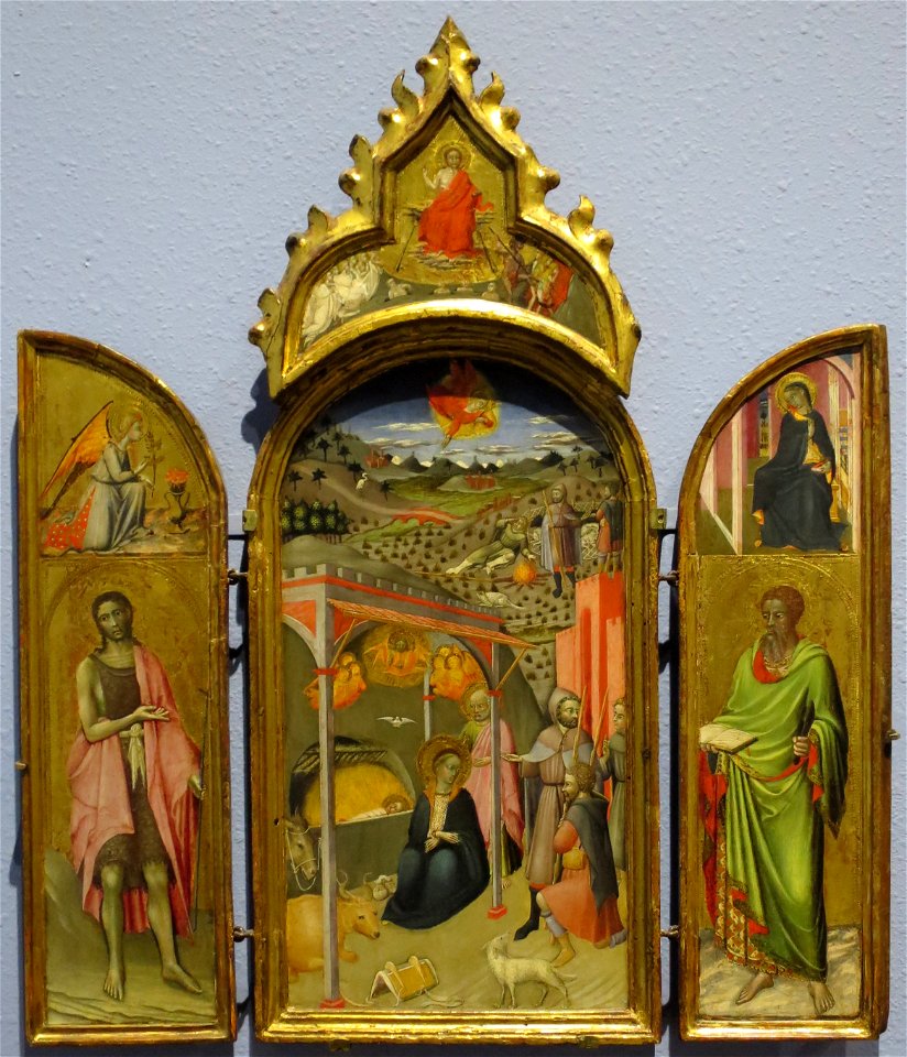 Master of the Osservanza - 'Adoration of the Shepherds with Saints John the Baptist and Bartholomew, tempera and gold on wood, 15th Century, El Paso Museum of Art