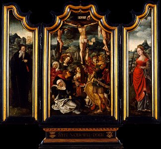 Attributed to the Master of the Von Groote Adoration - Triptych with Calvary, Saint Anthony the Abbot and Saint Catherine - Google Art Project. Free illustration for personal and commercial use.