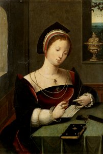 A woman as the Magdalen writing at a table in an interior. Free illustration for personal and commercial use.
