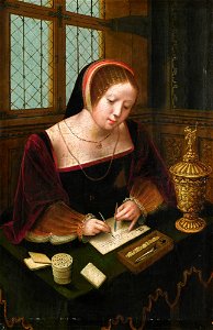 A lady writing at a desk. Free illustration for personal and commercial use.