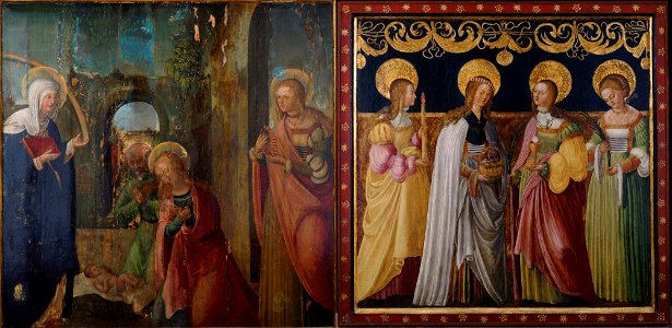 Master of the St. Crispin Legend - Wing from an Alterpiece, interior, Holy Family, Two Saints in a Landscape exterior, Four Female Saints - y1954-84 - Princeton University Art Museum