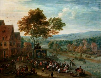 Mathys Schoevaerdts - An Extensive River Landscape with Travelling Theatrical Troupe