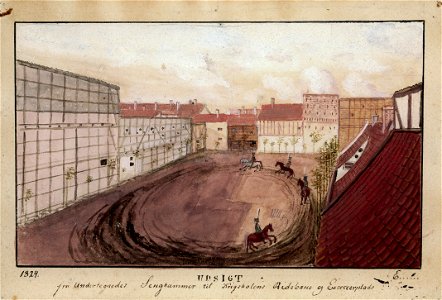 Mathias Wilhelm Eckhoff - 1824 Udsigt fra Undertegnedes Sengkammer til Krigskolens Ridebane og Excerceerplads. - 1824 - Oslo Museum - OB.01273