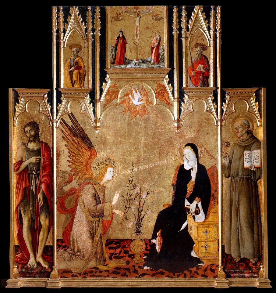 Matteo di Giovanni - Annunciation with Saints John the Baptist, Bernardine of Siena; Crucifixion, Saints Peter and Paul - Google Art Project