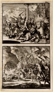 Matthias doodt een offerende Jood voor een altaar, Krijgslieden van Antiochus Epiphanes gaan te keer op de sabbat, objectnr A 48163