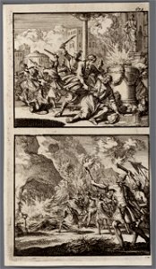 Matthias doodt een offerende Jood voor een altaar, Krijgslieden van Antiochus Epiphanes gaan te keer op de sabbat, objectnr A 48090