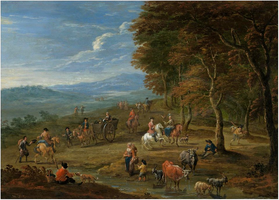 Mathys Schoevaerdts - A landscape with travellers passing by the edge of a forest