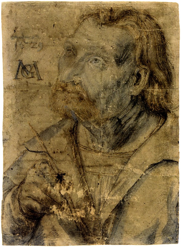 Matthias Gruenewald-Zeichnungen-Brustbild eines aufwaerts blickenden Mannes mit Federkiel