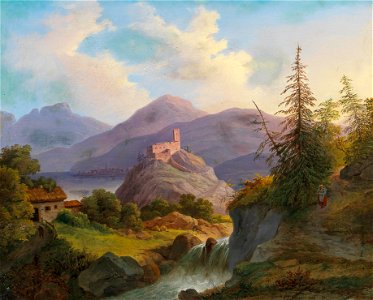 Matthias Rudolph Toma - Landscape with Mountain Torrent and Castle in the Distance. Free illustration for personal and commercial use.