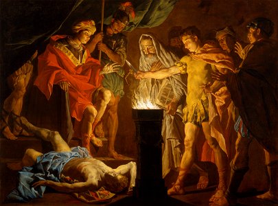 Matthias Stomer - Mucius Scaevola in the presence of Lars Porsenna - Google Art Project