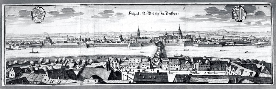 Matthäus Merian the Elder - View of the Bridge at Dresden - Google Art Project. Free illustration for personal and commercial use.