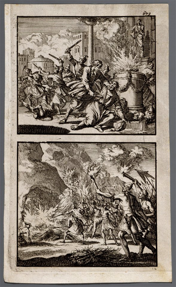 Matthias doodt een offerende Jood voor een altaar, Krijgslieden van Antiochus Epiphanes gaan te keer op de sabbat, objectnr A 48091