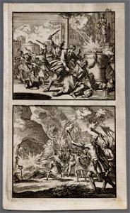 Matthias doodt een offerende Jood voor een altaar, Krijgslieden van Antiochus Epiphanes gaan te keer op de sabbat, objectnr A 48091