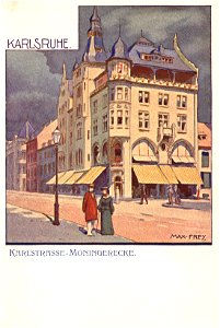 Max Frey - Postkarte von Karlsruhe, Karlstrasse - Moningerecke, um 1900
