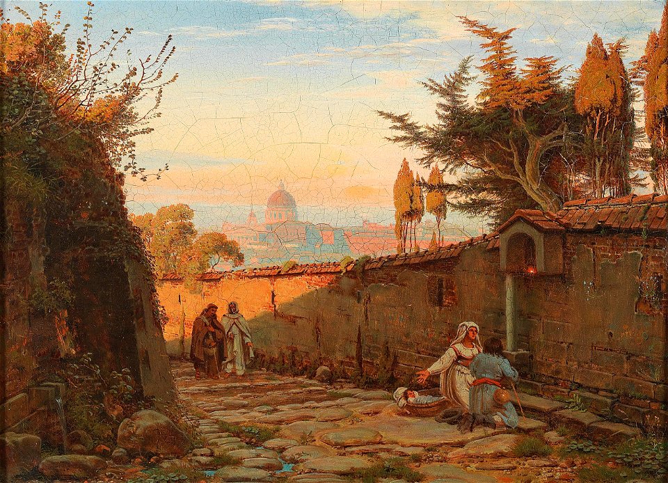 Mauer mit Betenden und Blick auf St Peter Rom 19 Jh