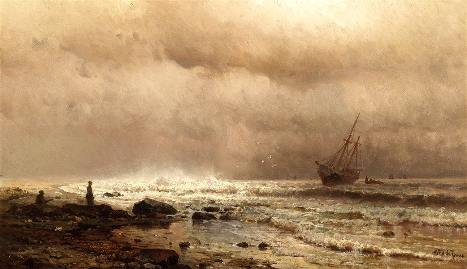 Mauritz de Haas - A Coastal View with Figures and a Ship at Sea