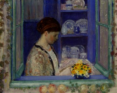 Mrs. Frieseke at the Kitchen Window, Frieseke. Free illustration for personal and commercial use.