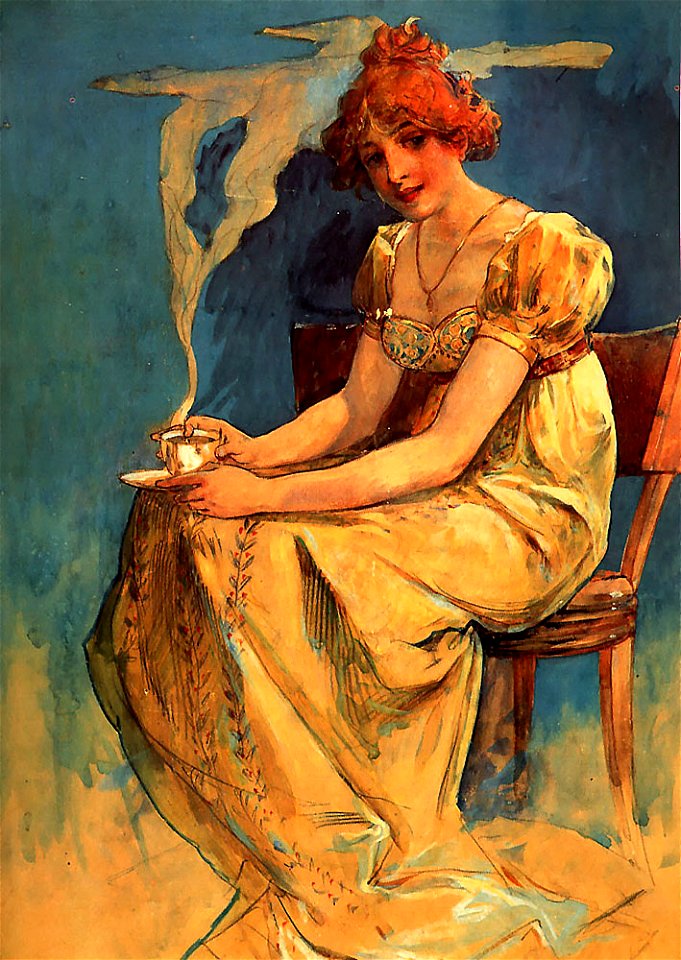 Mucha-Untitled (seated woman with coffee cup, watercolor)