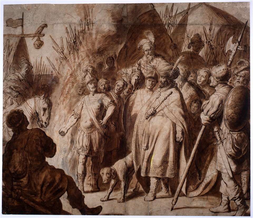 Mucius Scaevola thrusting his hand in the flames while standing before Porsenna by Jan Lievens University of Leiden, Print Room PK-T-AW-903