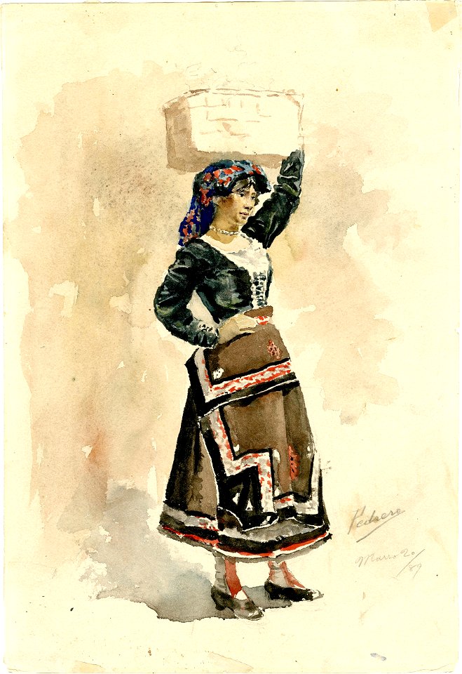 Mujer con cesto, watercolor, 20.3.1889, by Mariano Pedrero