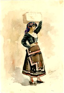 Mujer con cesto, watercolor, 20.3.1889, by Mariano Pedrero. Free illustration for personal and commercial use.