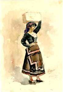 Mujer con cesto, watercolor, 20.3.1889, by Mariano Pedrero