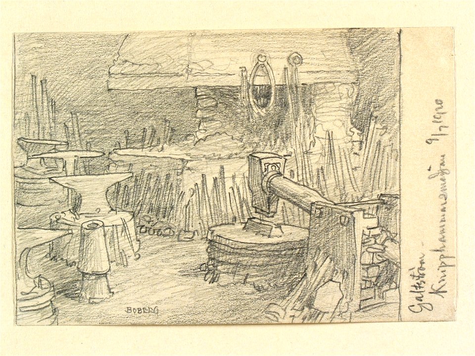 Medelpad, Njurunda sn. Knipphammarsmedjan, Galtström. Teckning av Ferdinand Boberg - Nordiska museet - NMA.0088291