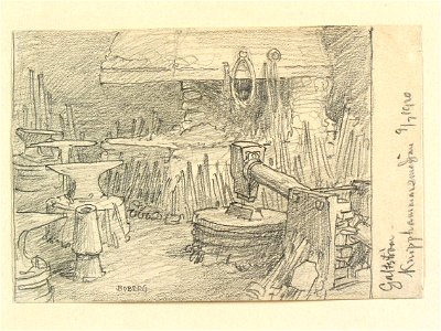 Medelpad, Njurunda sn. Knipphammarsmedjan, Galtström. Teckning av Ferdinand Boberg - Nordiska museet - NMA.0088291