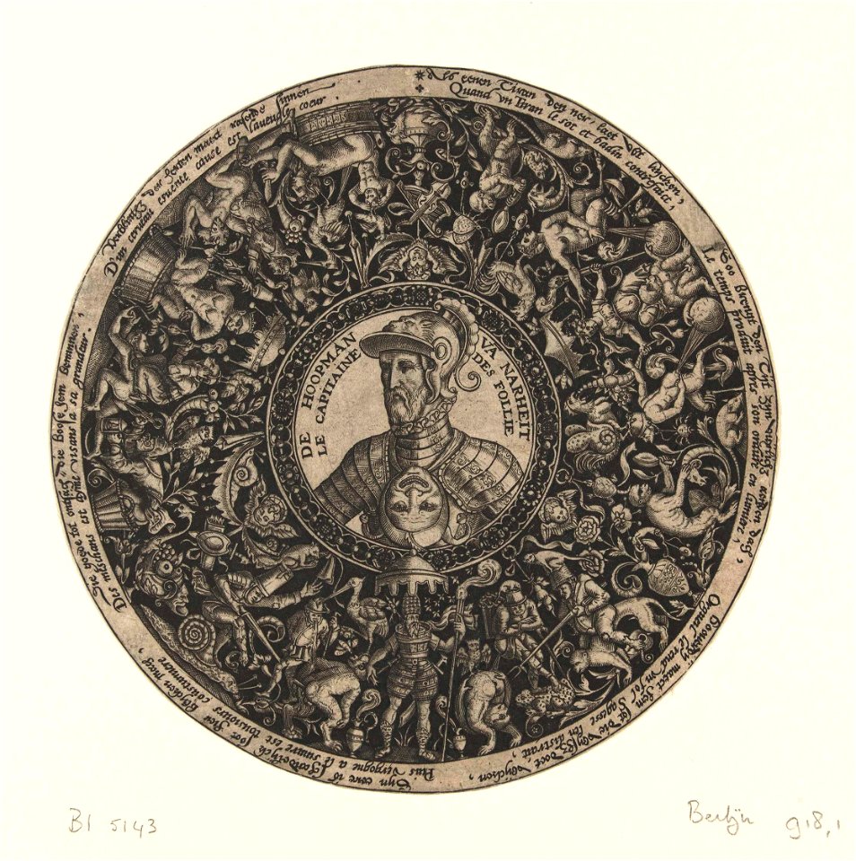 Medaillon met buste van de Kapitein van Dwaasheid, Theodor de Bry, ca. 1577 - ca. 1578