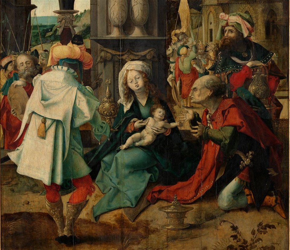 Meester van de Aanbidding te Lille - Drieluik met de Aanbidding der koningen, de Aanbidding der herders en de Rust op de vlucht naar Egypte - 1959 (OK) - Museum Boijmans Van Beuningen (cropped)
