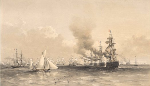 Meeting of the English and French Fleets off Baro Sound June 13 1854 (shows Gondola R.Y.S. also wood paddle sloop Driver RMG PY8725 (cropped)