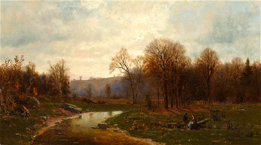 Jervis McEntee - Figures by a river in an autumnal landscape (1867)