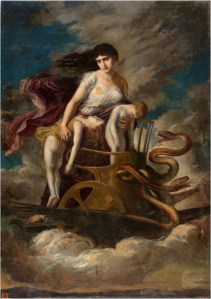 Medea, con los hijos muertos, huye de Corinto en un carro tirado por dragones (Museo del Prado)