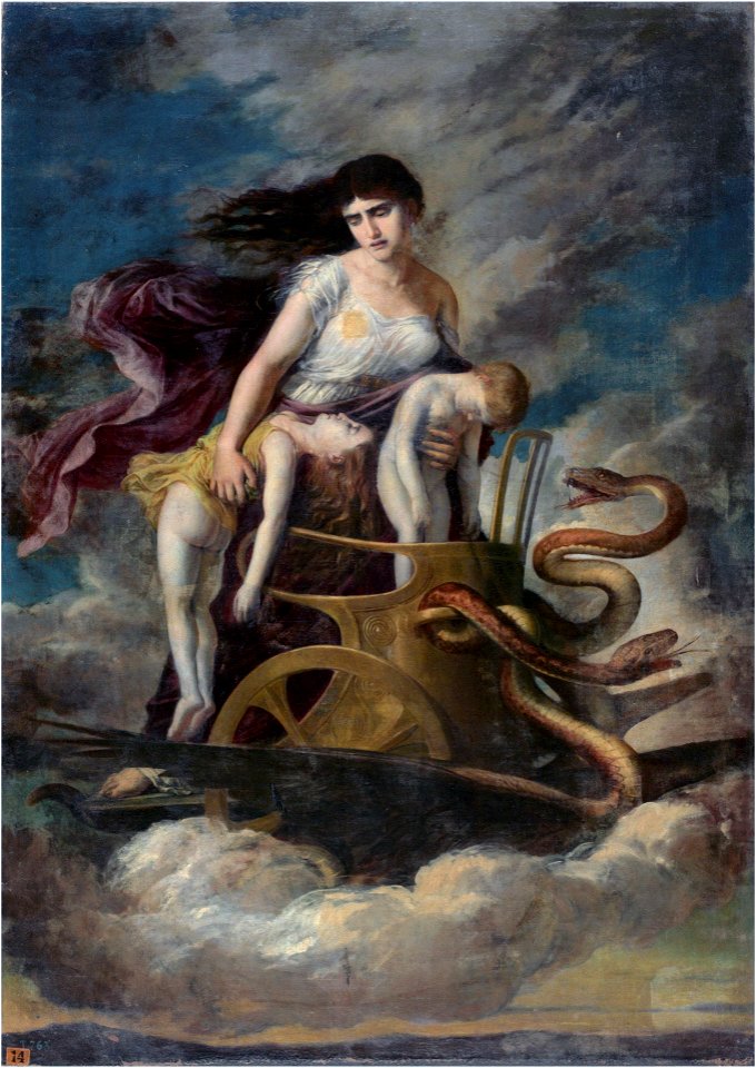 Medea, con los hijos muertos, huye de Corinto en un carro tirado por dragones (Museo del Prado)FXD