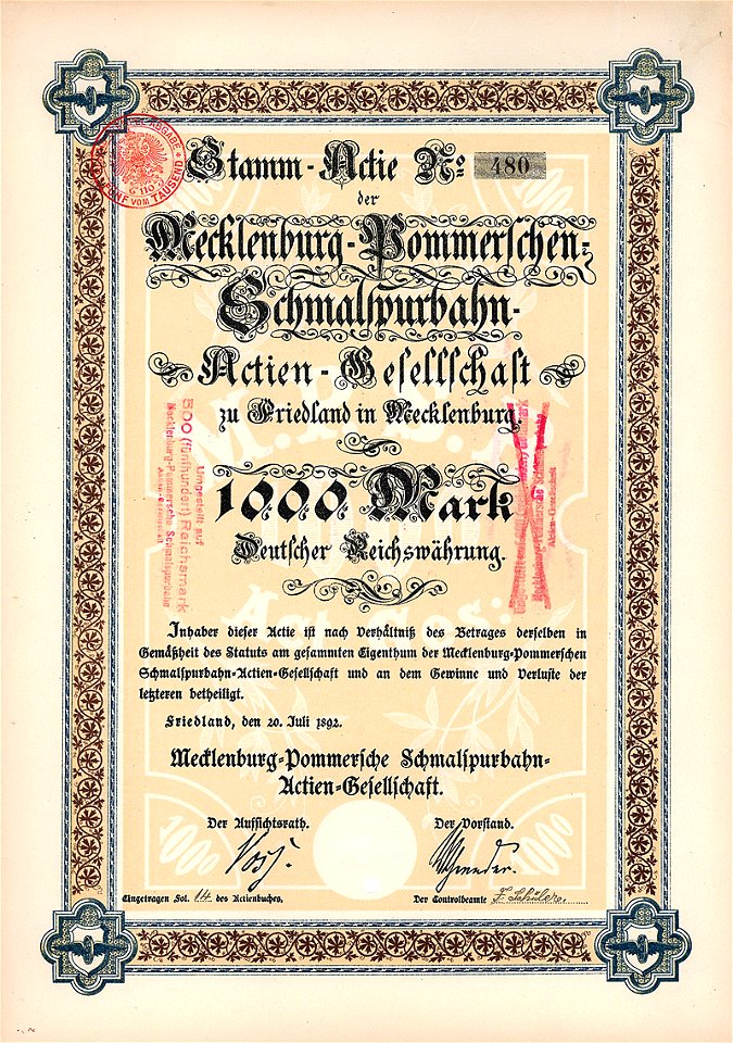 Mecklenburg-Pommersche Schmalspurbahn 1000 Mk 1892