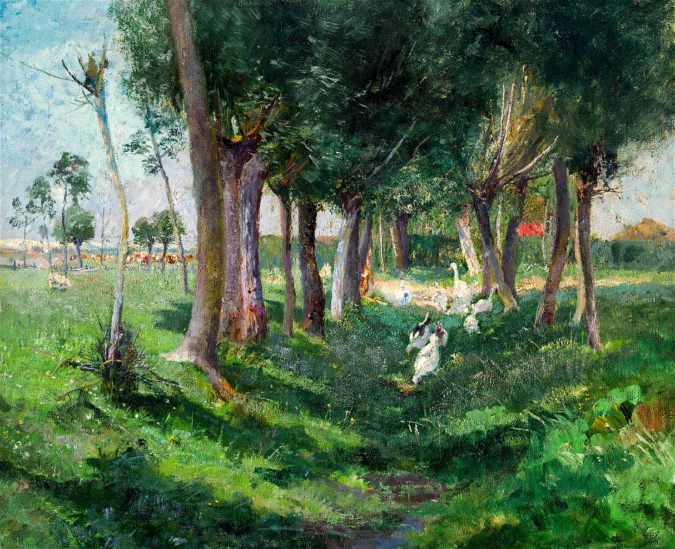 Karl Mediz - Baumlandschaft mit Gänsen (1890)