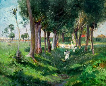 Karl Mediz - Baumlandschaft mit Gänsen (1890)