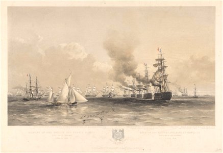 Meeting of the English and French Fleets off Baro Sound June 13 1854 (shows Gondola R.Y.S. also wood paddle sloop Driver RMG PY8725