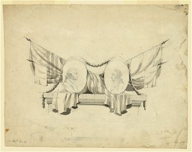 Medallion portraits of Washington and Lafayette, on plinth draped with flags LCCN2004661621