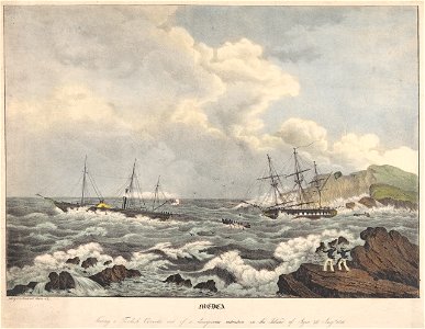 Medea Towing a Turkish Corvette out of a dangerous situation in the Island of Syra 26 Augst 1836 RMG PY0856