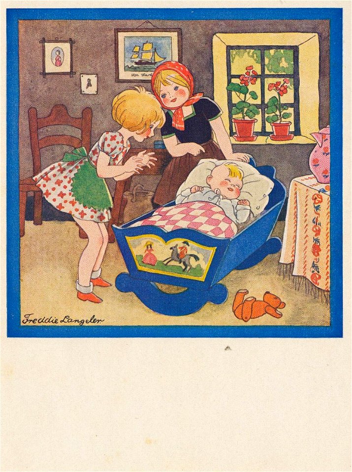 Meisjes bij een baby in een wieg - Freddie Langeler