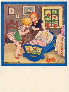 Meisjes bij een baby in een wieg - Freddie Langeler