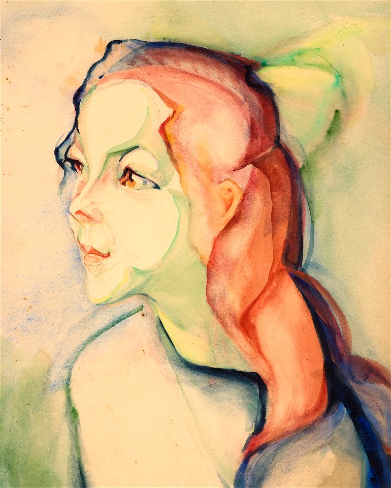 Meisje met rood lang haar en groene strik door Alida Pott (1888-1931)