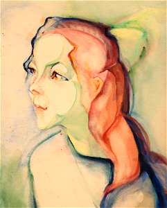 Meisje met rood lang haar en groene strik door Alida Pott (1888-1931)