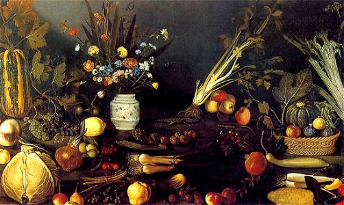 Meister des Hartford-Stilllebens - Blumen, Früchte, Gemüse und 2 Eidechsen