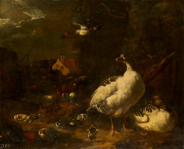 Melchior de Hondecoeter (Utrecht 1636-Amsterdam 1695) - Ducks and Geese in a Farmyard - RCIN 402785 - Royal Collection. Free illustration for personal and commercial use.