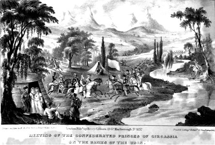 Meeting of the confederated princes of Circassia on the bank of the Urin. Edmund Spencer. Travels in Circassia, Krim-Tartary &c. 1838. P.270. Free illustration for personal and commercial use.