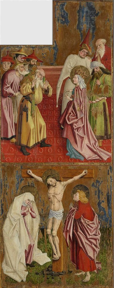 Meister der Pollinger Tafeln - Kreuzaltar, Flügelaußenseite, Die Kaiserin Helena befragt die Juden und Kreuzigung Christi - 1369 A - Bavarian State Painting Collections